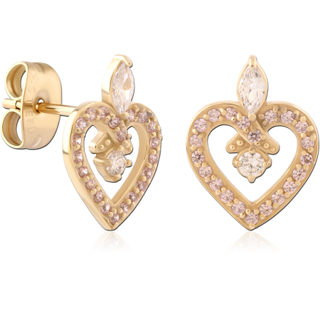 GOLD PVD 18K COATED SURGICAL STEEL STUD EARRINGS PAVÉ HEART MARQUISE ACCENT