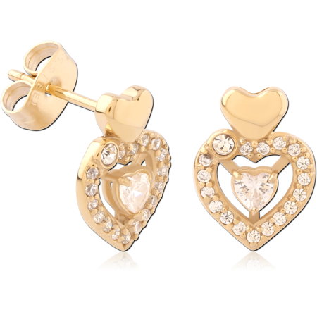 GOLD PVD 18K COATED SURGICAL STEEL STUD EARRINGS DOUBLE HEART CLEAR GEMS