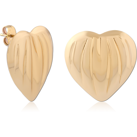 GOLD PVD 18K COATED SURGICAL STEEL STUD EARRINGS GROOVED HEART PAIR