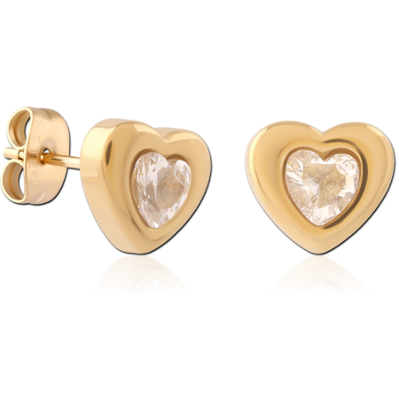 GOLD PVD 18K COATED SURGICAL STEEL STUD EARRINGS HEART CLEAR GEM PAIR