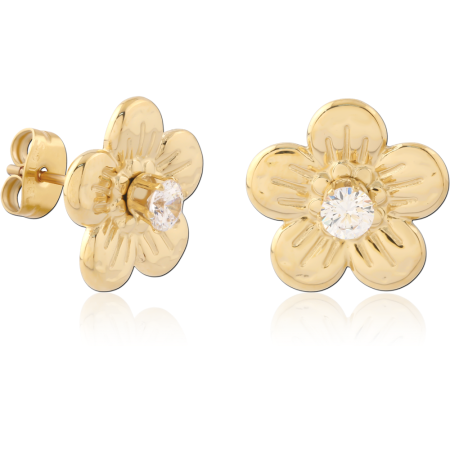 GOLD PVD 18K COATED 316L SURGICAL STEEL FLOWER STUD EARRINGS SINGLE CRYSTAL