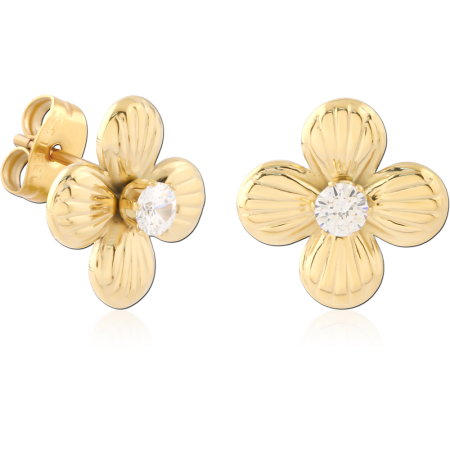 GOLD PVD 18K COATED 316L SURGICAL STEEL FOUR PETAL FLOWER STUD EARRINGS CRYSTAL