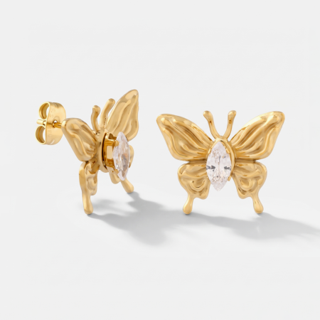 GOLD PVD 18K COATED 316L SURGICAL STEEL BUTTERFLY STUD EARRINGS MARQUISE CRYSTAL