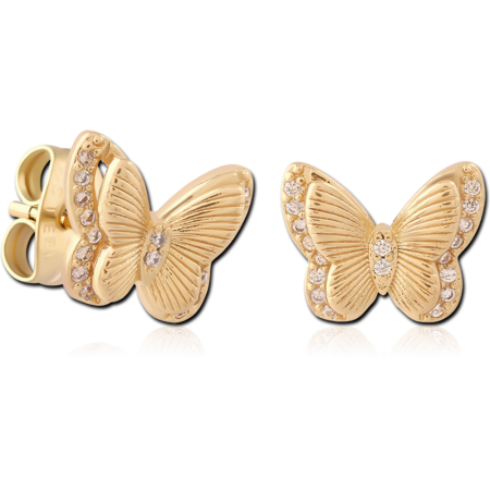 GOLD PVD 18K COATED 316L SURGICAL STEEL BUTTERFLY STUD EARRINGS PAVE CRYSTALS
