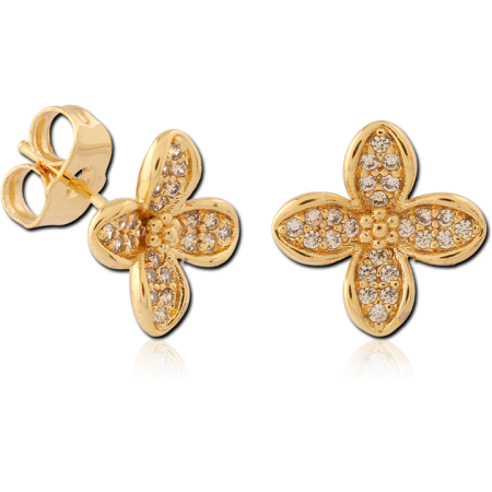 GOLD PVD 18K COATED 316L SURGICAL STEEL STUD EARRINGS JEWELED FOUR PETAL FLOWER PAIR