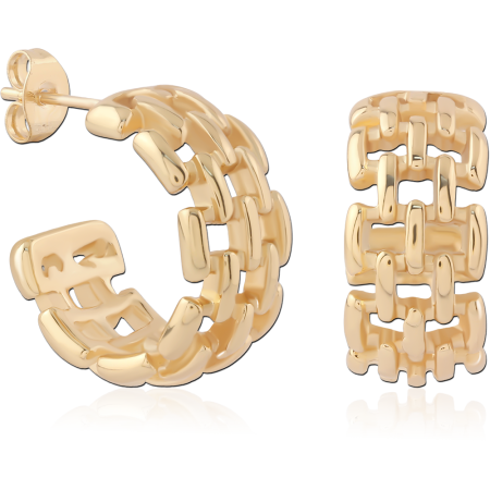 GOLD PVD 18K COATED SURGICAL STEEL STUD EARRINGS LINK PATTERN HALF HOOP