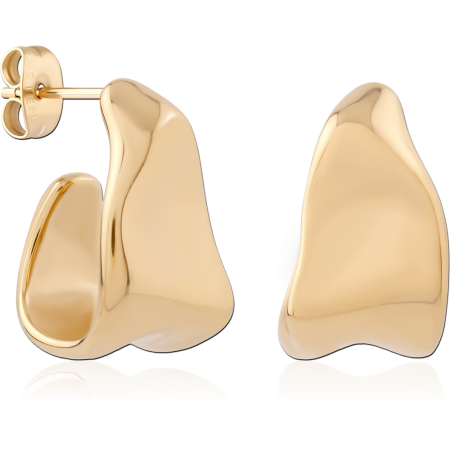 GOLD PVD 18K COATED SURGICAL STEEL STUD EARRINGS SCULPTED WAVE HALF HOOP