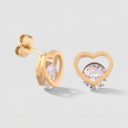GOLD PVD 18K COATED SURGICAL STEEL STUD EARRINGS HEART OUTLINE CLEAR GEM