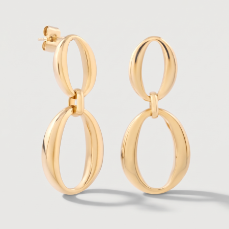 GOLD PVD 18K COATED SURGICAL STEEL STUD EARRINGS DOUBLE OVAL DROP