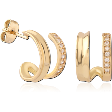 GOLD PVD 18K COATED SURGICAL STEEL STUD EARRINGS DOUBLE BAND CLEAR CRYSTALS