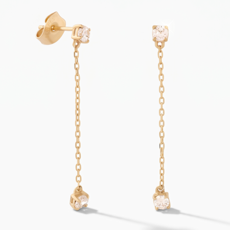316L GOLD PVD 18K COATED SURGICAL STEEL STUD EARRINGS ROUND GEM CHAIN DROP