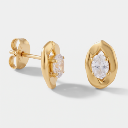 GOLD PVD 18K COATED SURGICAL STEEL STUD EARRINGS OVAL CLEAR GEM