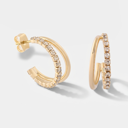 GOLD PVD 18K COATED SURGICAL STEEL EAR STUDS PAVE CRYSTAL HALF HOOP PAIR