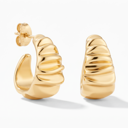 316L GOLD PVD 18K COATED SURGICAL STEEL STUD EARRINGS WAVY TEXTURED HOOP