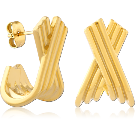 316L GOLD PVD 18K COATED SURGICAL STEEL STUD EARRINGS CRISSCROSS LAYERED HOOP