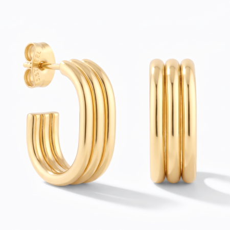 316L GOLD PVD 18K COATED SURGICAL STEEL STUD EARRINGS TRIPLE ROW HOOP