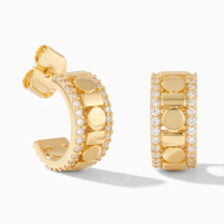 316L GOLD PVD 18K COATED SURGICAL STEEL STUD EARRINGS GEOMETRIC PANEL GEM BORDER HOOP