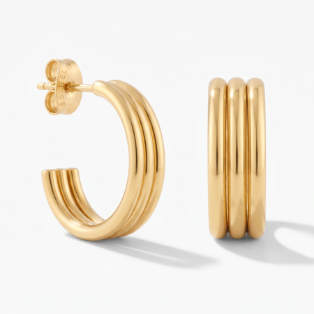 316L GOLD PVD 18K COATED SURGICAL STEEL STUD EARRINGS TRIPLE GROOVE HOOP
