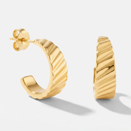 316L GOLD PVD 18K COATED SURGICAL STEEL STUD EARRINGS DIAGONAL RIBBED HOOP