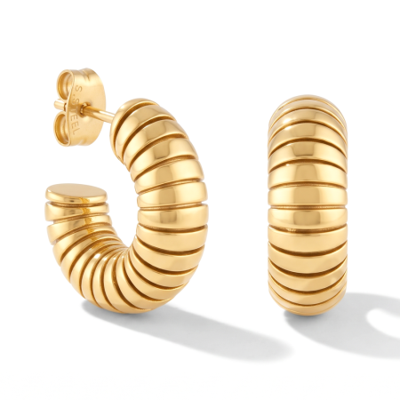 GOLD PVD 18K COATED SURGICAL STEEL HOOP EARRINGS RIBBED COIL DESIGN