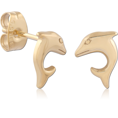 GOLD PVD 18K COATED SURGICAL STEEL EAR STUDS PAIR - DOLPHIN