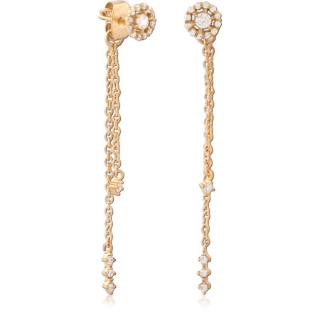 GOLD PVD 18K COATED SURGICAL STEEL STUD EARRINGS HALO CLUSTER GEM DOUBLE CHAIN DANGLE