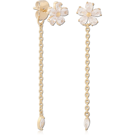 GOLD PVD 18K COATED SURGICAL STEEL STUD EARRINGS MARQUISE FLOWER GEM CHAIN DROP