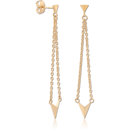 GOLD PVD 18K COATED SURGICAL STEEL STUD EARRINGS DOUBLE CHAIN TRIANGLE DROP