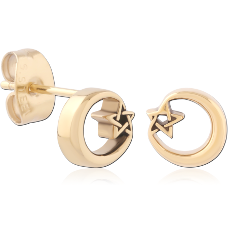 GOLD PVD 18K COATED SURGICAL STEEL STUD EARRINGS OPEN CIRCLE STAR PAIR