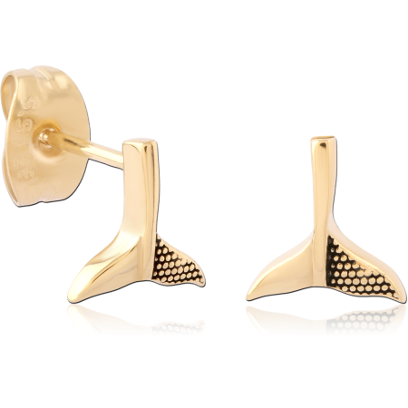 GOLD PVD 18K COATED SURGICAL STEEL STUD EARRINGS WHALE TAIL PAIR