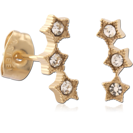 GOLD PVD 18K COATED 316L SURGICAL STEEL STUD EARRINGS JEWELED TRIPLE STAR CLUSTER PAIR