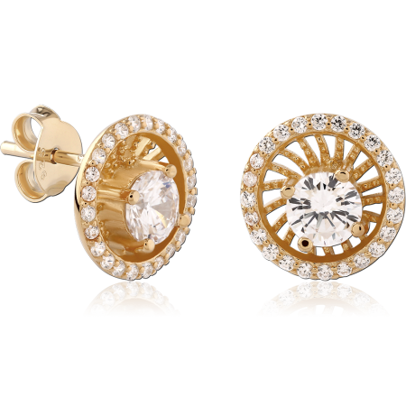 GOLD PLATED 18K STERLING SILVER 925 STUD EARRINGS HALO SUNBURST ROUND GEM