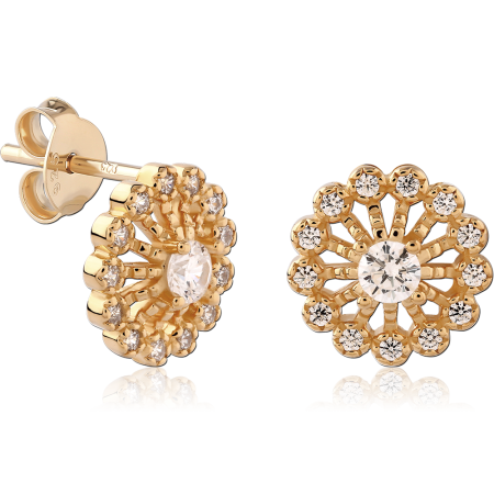 GOLD PLATED 18K STERLING SILVER 925 STUD EARRINGS FLORAL HALO ROUND GEM