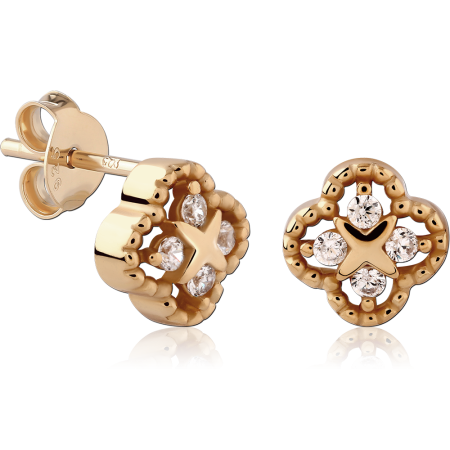 18K GOLD PLATED STERLING SILVER 925 STUD EARRINGS QUATREFOIL CLUSTER CLEAR GEMS