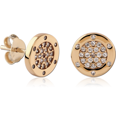 18K GOLD PLATED STERLING SILVER 925 STUD EARRINGS ROUND PAVÉ DISC CLEAR GEMS