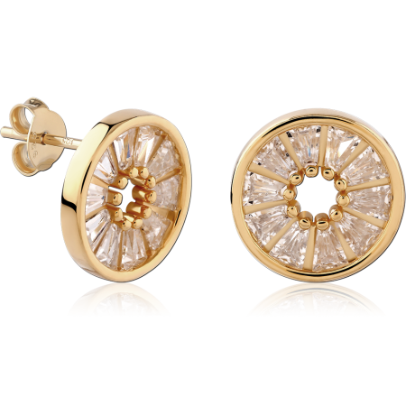 18K GOLD PLATED STERLING SILVER 925 STUD EARRINGS SUNBURST CIRCLE TAPERED CLEAR GEMS