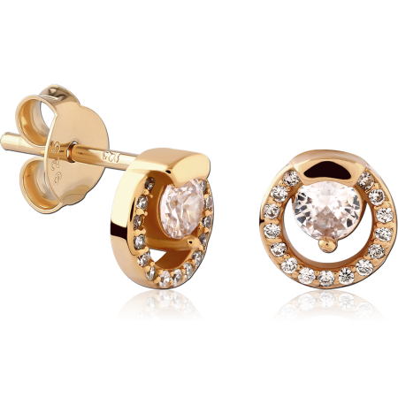 18K GOLD PLATED STERLING SILVER 925 STUD EARRINGS OPEN CIRCLE HALO CLEAR GEM