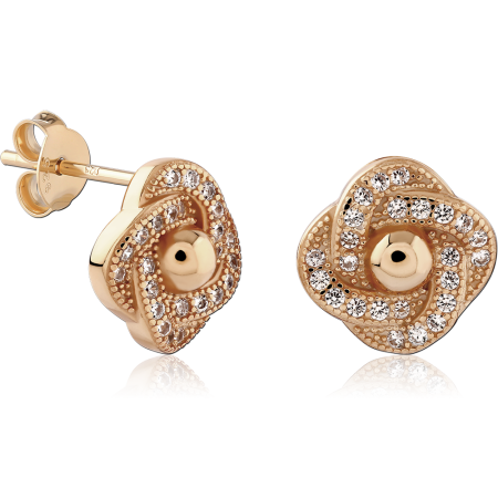 18K GOLD PLATED STERLING SILVER 925 STUD EARRINGS TWISTED ROSE KNOT CLEAR GEMS