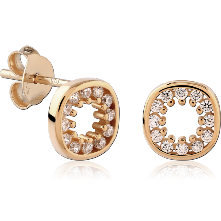 18K GOLD PLATED STERLING SILVER 925 STUD EARRINGS ROUNDED SQUARE HALO CLEAR GEMS
