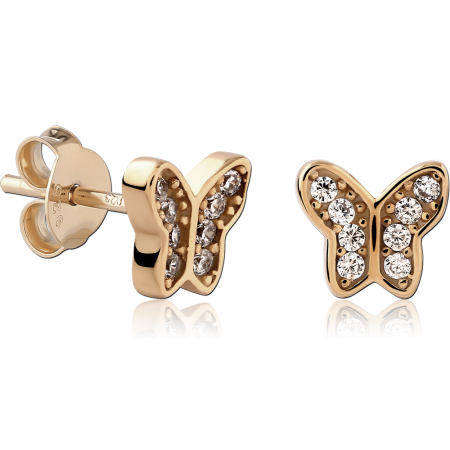 18K GOLD PLATED STERLING SILVER 925 STUD EARRINGS BUTTERFLY SILHOUETTE CLEAR GEMS