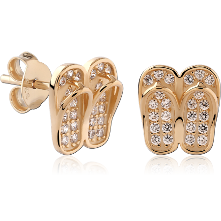 18K GOLD PLATED STERLING SILVER 925 STUD EARRINGS FLIP FLOP CLEAR GEMS