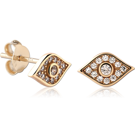 18K GOLD PLATED STERLING SILVER 925 STUD EARRINGS EVIL EYE CLEAR GEMS