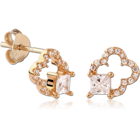 18K GOLD PLATED STERLING SILVER 925 STUD EARRINGS QUATREFOIL FRAME PRINCESS CUT GEM