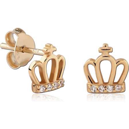 GOLD PLATED 18K STERLING SILVER 925 STUD EARRINGS CROWN WITH GEM BAR