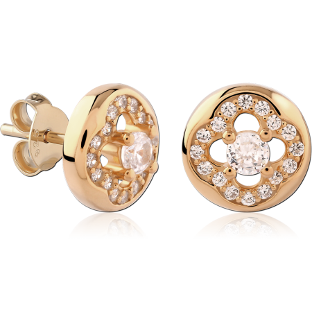 GOLD PLATED 18K STERLING SILVER 925 STUD EARRINGS ROUND CLOVER HALO GEM