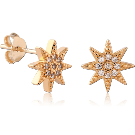 GOLD PLATED 18K STERLING SILVER 925 STUD EARRINGS EIGHT POINT STARBURST GEM