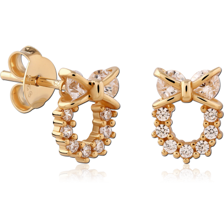 GOLD PLATED 18K STERLING SILVER 925 STUD EARRINGS BOW WITH GEM HALO DROP