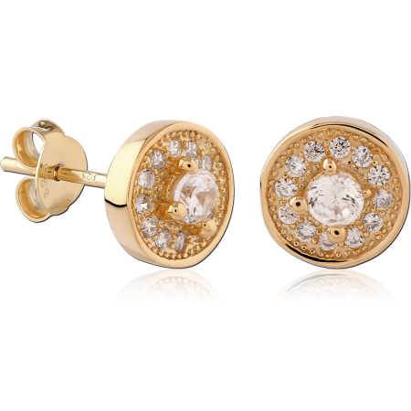 GOLD PLATED 18K STERLING SILVER 925 STUD EARRINGS ROUND DOUBLE HALO GEM