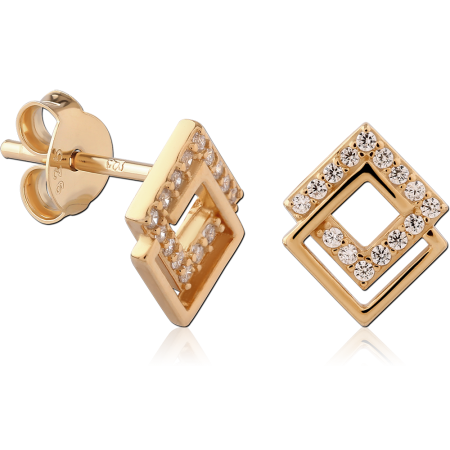 GOLD PLATED 18K STERLING SILVER 925 STUD EARRINGS DOUBLE SQUARE OPEN FRAME GEM