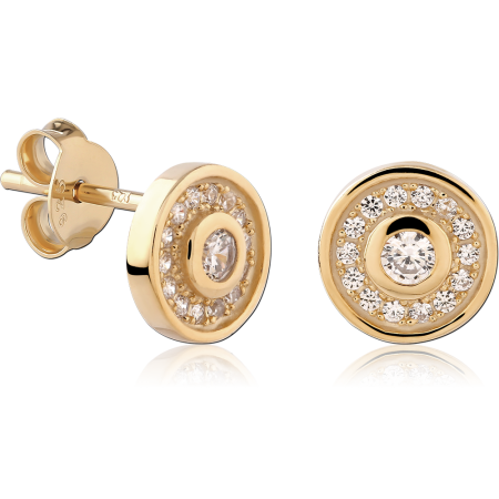 GOLD PLATED 18K STERLING SILVER 925 STUD EARRINGS ROUND BEZEL CENTER GEM WITH HALO